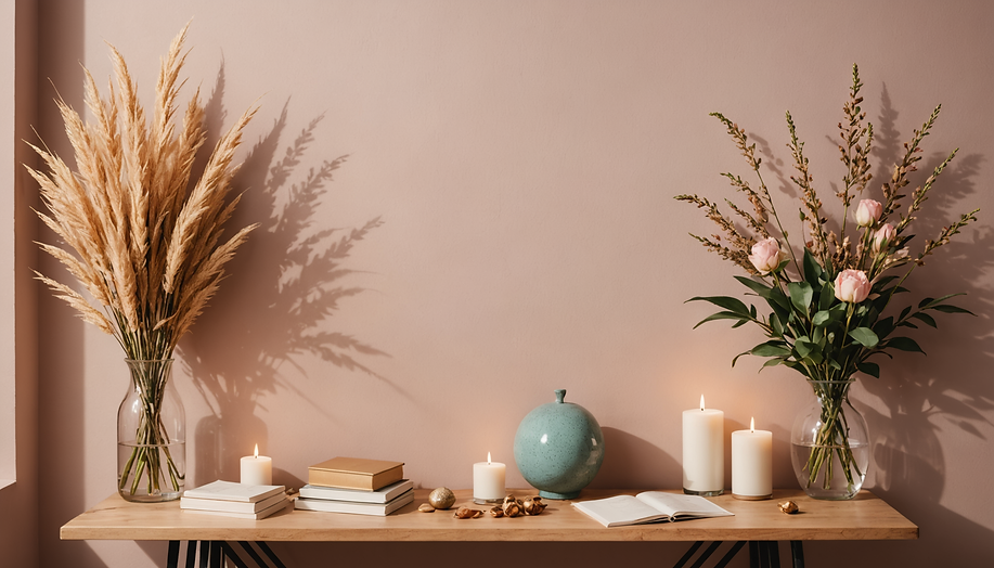 A pinkish wall with a desk featuring upon it two flower vases, one with grain like flowers and one with roses, which blends with the colors of the site and reports the footnotes of the site.