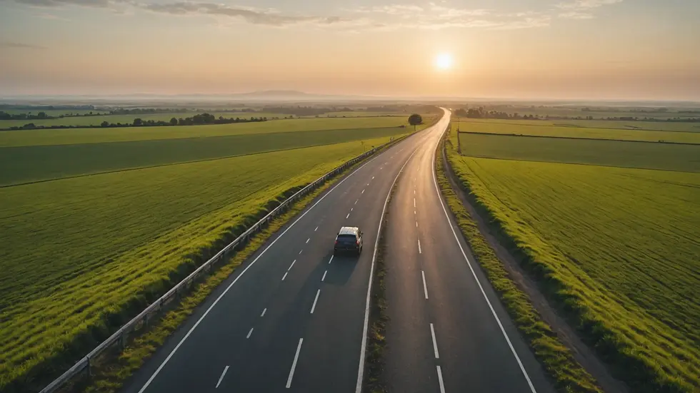 High angle view of an open road leading to a tranquil horizon.