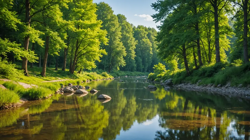 Eye-level view of a calm nature scene with trees and a peaceful river.