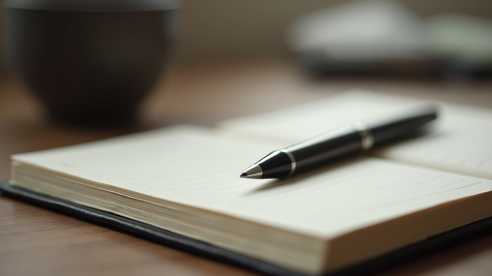 Close-up view of a journal and pen on a wooden desk