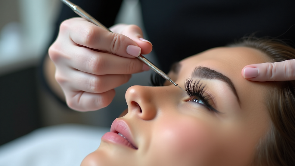 Eye-level view of a beauty salon with a lash technician applying eyelash extensions