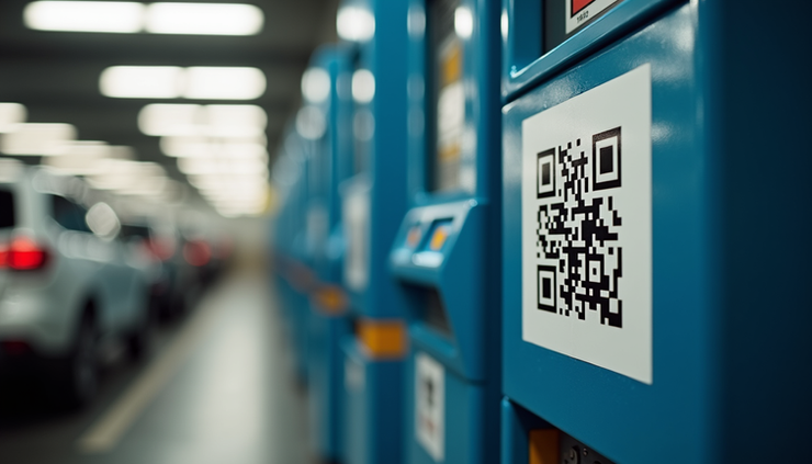 Close-up view of a parking machine with a QR code sticker in an Essex car park