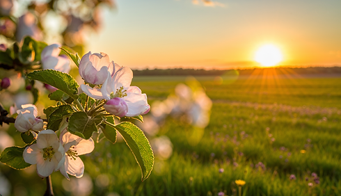 Bild von Apfelblüte vor Sonne am Horizont