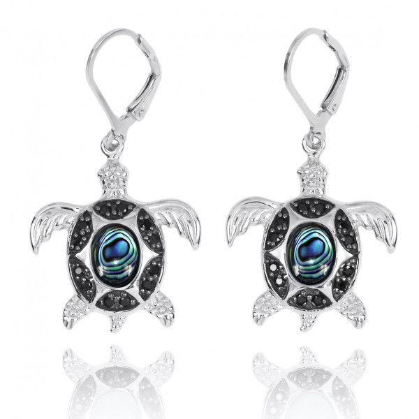 Sterling Silver Turtle with Abalone shell and Black Spinel Earrings -Sea Life Be
