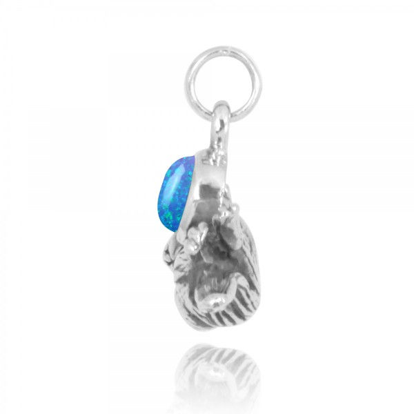 Thumbnail: Floating Sea Otter Holding Round Simulated Blue Opal Oxidized Silver Pendant - S