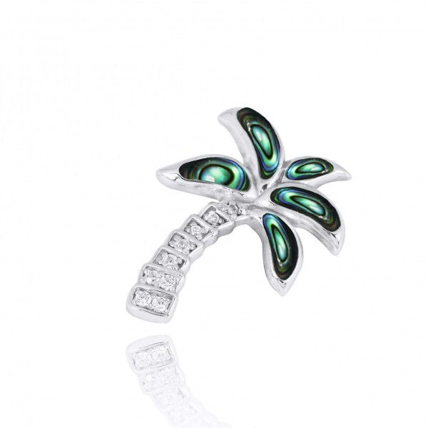Thumbnail: Sterling Silver Palm Tree with Abalone Shell and CZ Pendant - Beach Sea Life Jew