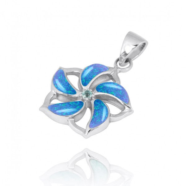 Thumbnail: Hibiscus Shaped Sterling Silver Pendant with Simulated Blue Opal Star and Swiss