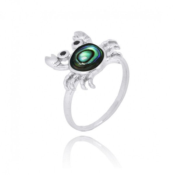 Thumbnail: Sterling Silver Crab Ring with Abalon shell and Black Spinel - Beach Sea Life Si