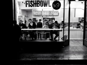 People eating and talking in a restaurant called Fish Bowl, looking like fish in a bowl.