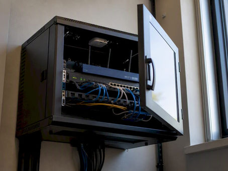 Small retail store network rack in back-office closet