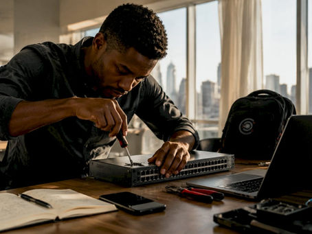 IT specialist working on networking hardware