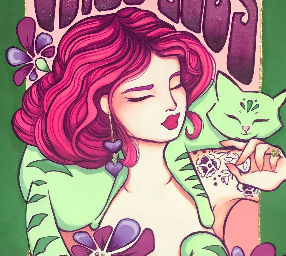 Thumbnail: Closeup of the Hiss Less Purr More illustration showing hair, cat & tattoo details