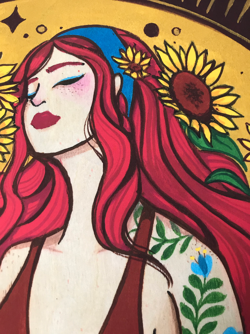 Thumbnail: zoomed in image of the red haired woman illustration holding a bouquet of sunflowers