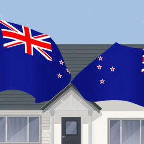 Illustration of New Zealand citizen purchasing residential property in Australia with flags of both countries.