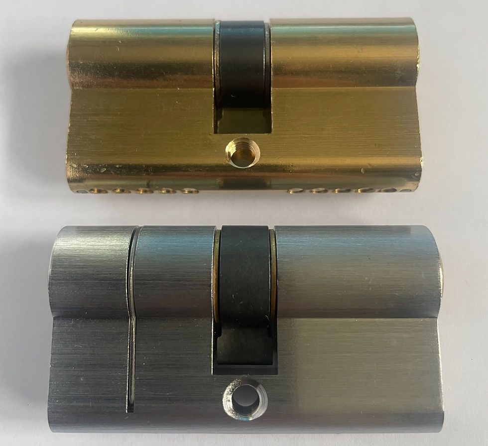 Side-by-side photo comparison of a standard brass cylinder and an anti-snap cylinder fitted by NSH Locksmiths in Walsall.