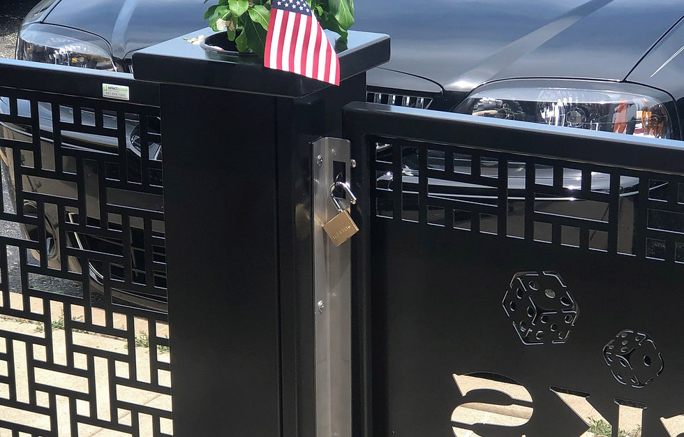 Closeup of padlock hasp on sidewalk barrier gate