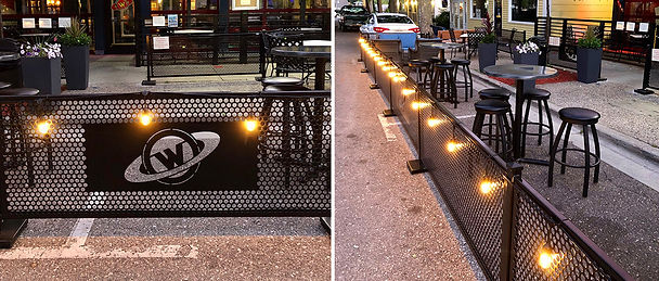 Restaurant patio decorated with string lights
