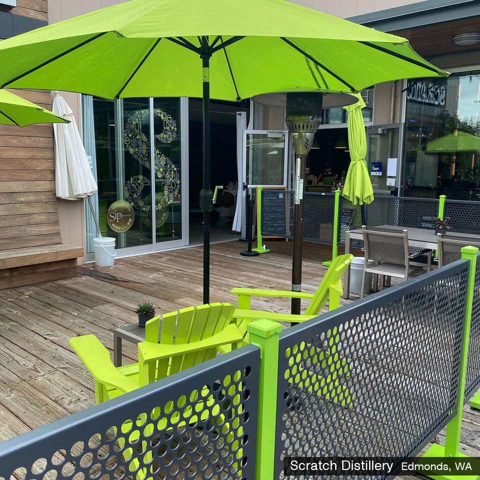 Scratch Distillery's cool patio design with custom colors