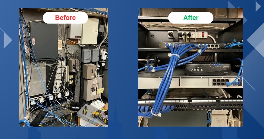 Network rack installed on wall, cables Cat6 nicely patched. Picture shows before and after results. 