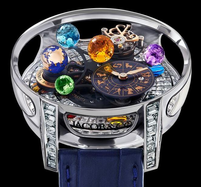 Jacob & Co. ASTRONOMIA SOLAR BAGUETTE JEWELERY – PLANETS – ZODIAC- WHITE GOLD Watch content media