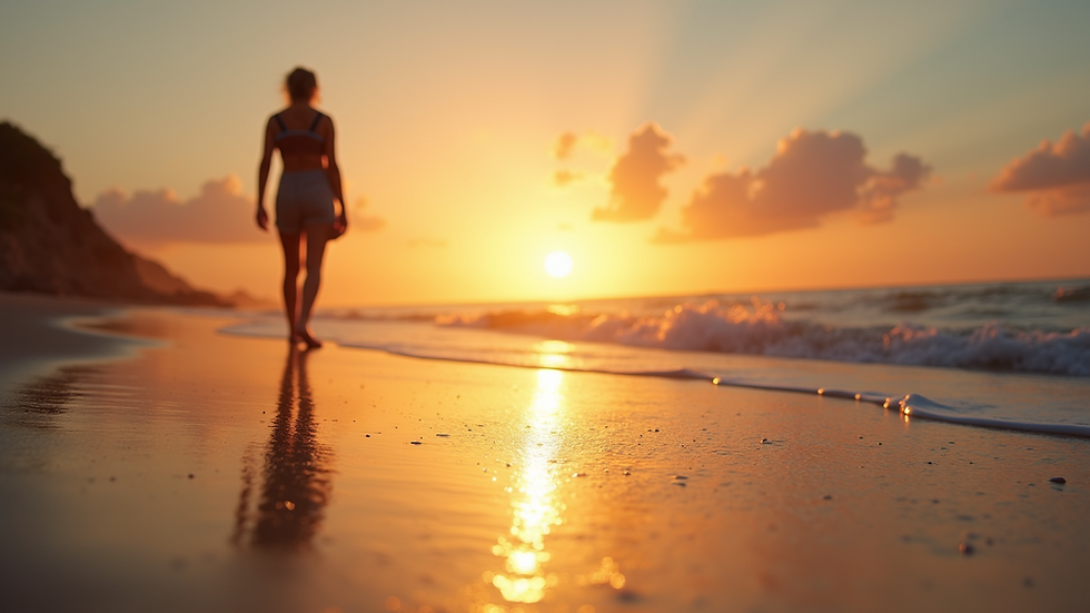 Eye-level view of a person enjoying the beach with a sunset backdrop