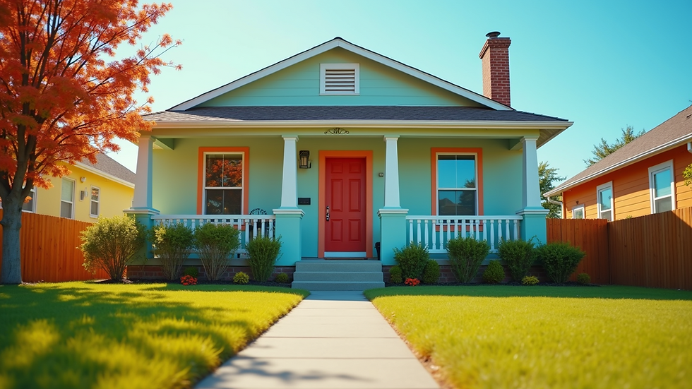 Eye-level view of a freshly painted residential house exterior with vibrant colors