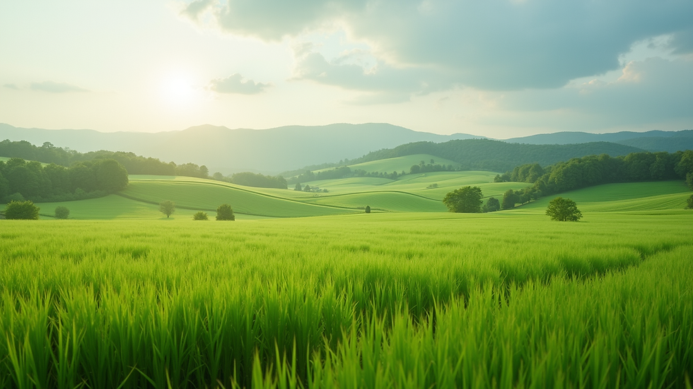 Wide angle view of a lush green farm landscape