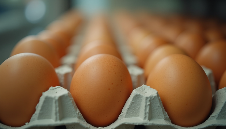 Close-up view of fresh eggs in cartons inside the vejcomat at the farm in Sedlčany