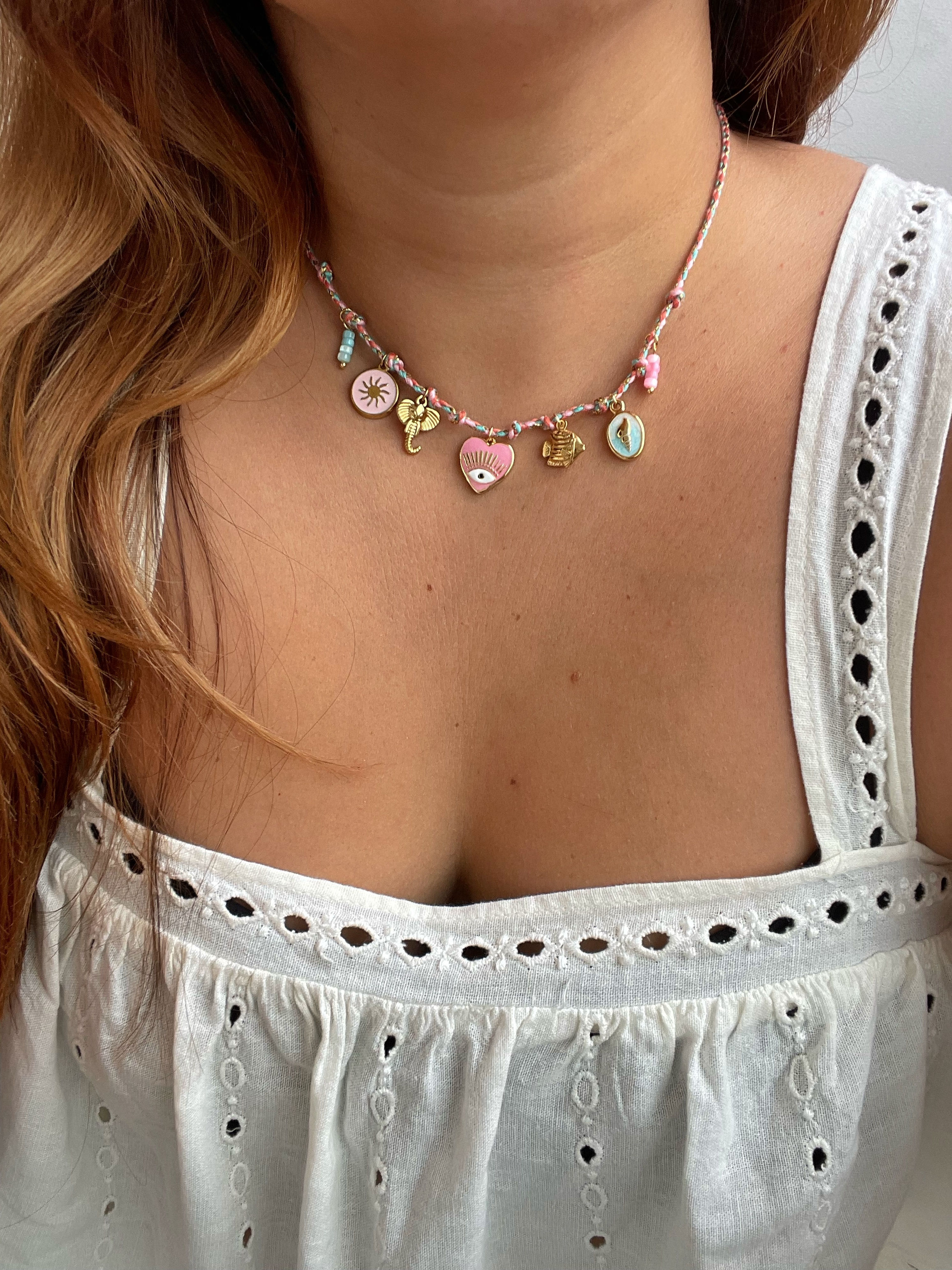 Colar Charm ROSA E TURQUESA