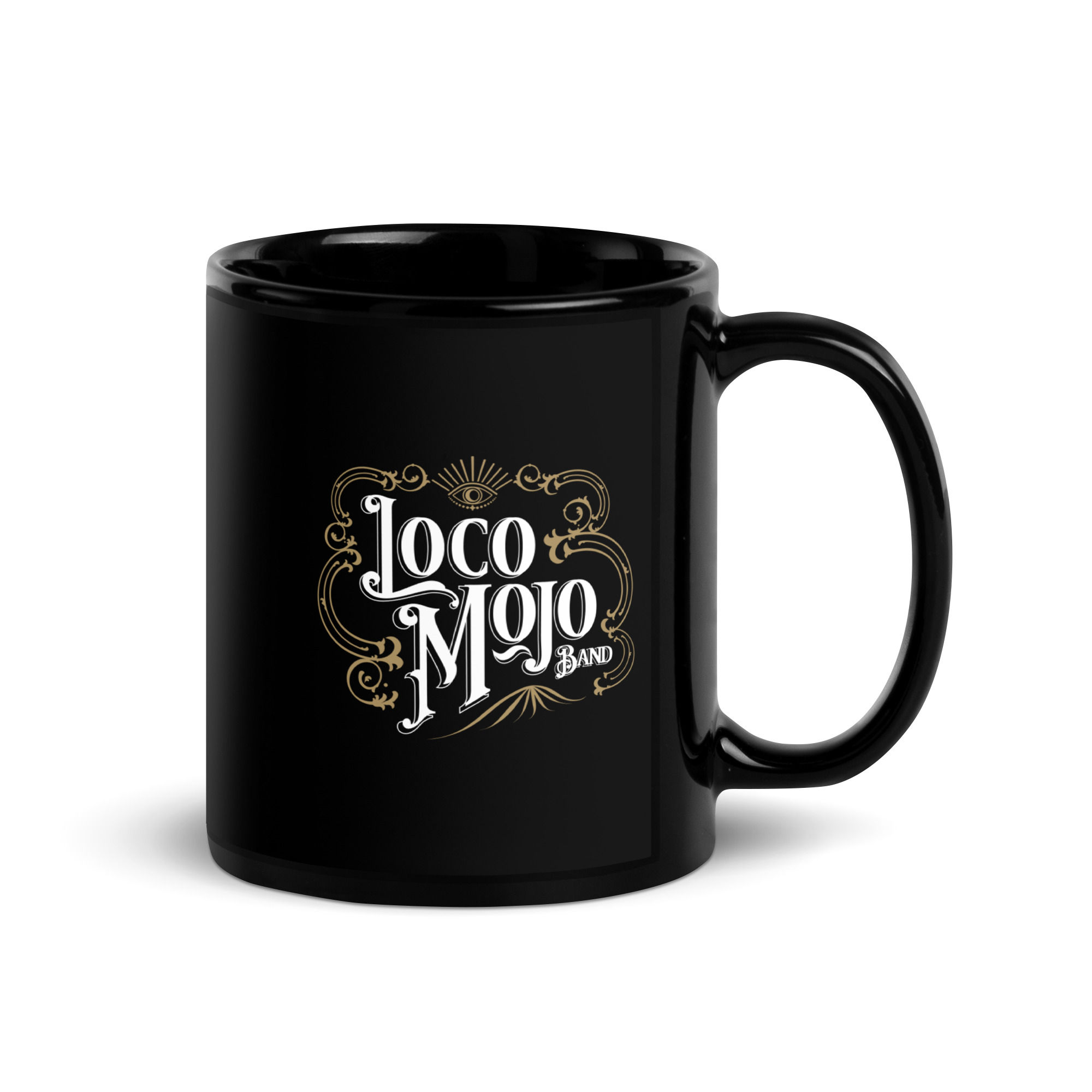 Black glossy ceramic coffee cup with LocoMojo Logo