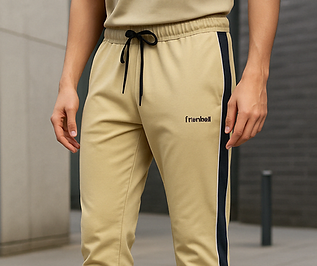 Frankwil beige joggers for men with contrasting black side stripe – slim fit cotton lowers for gym and casual wear