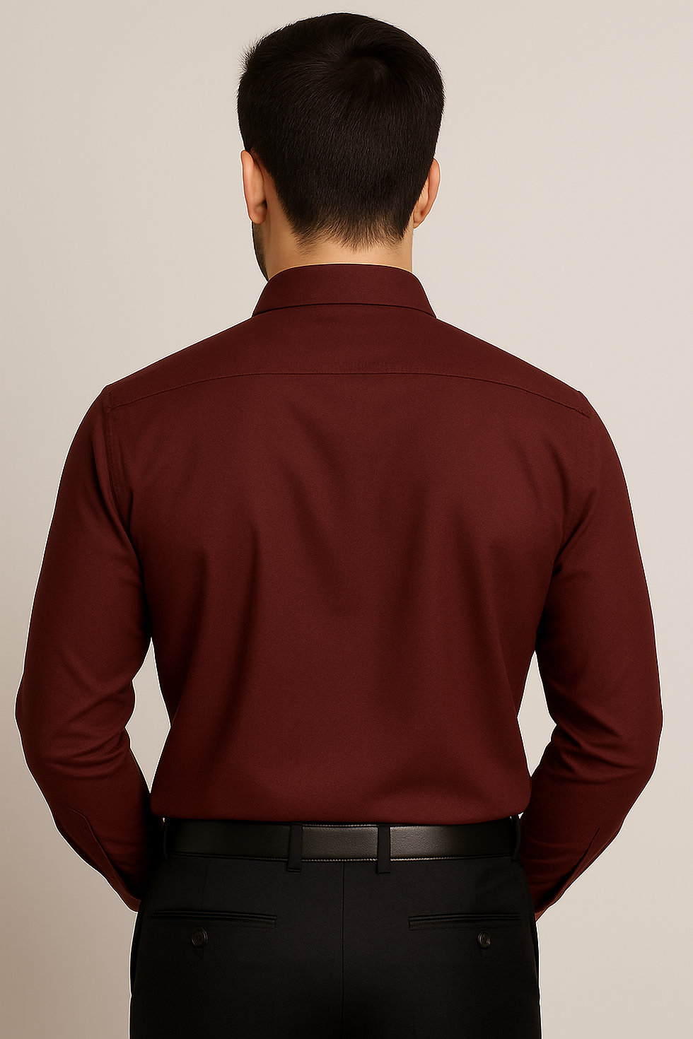 Thumbnail: Men’s Burgundy Formal Shirt – Back View on Model – Solid Color, Full Sleeves, Clean Stitch Finish