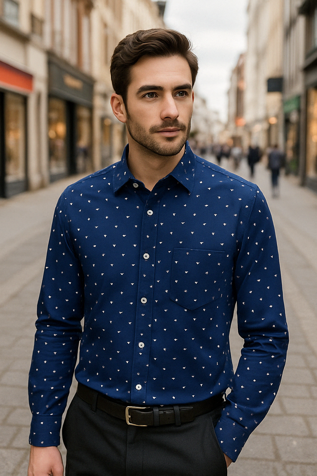 Male model wearing Frankwil navy blue printed shirt with white dot pattern – smart fit cotton shirt for casual streetwear