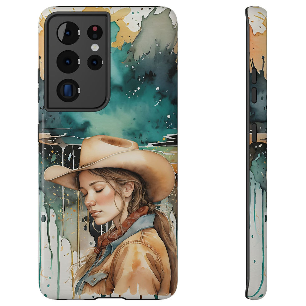A beautiful and peaceful cowgirl over a vivid explosion of watercolor. 