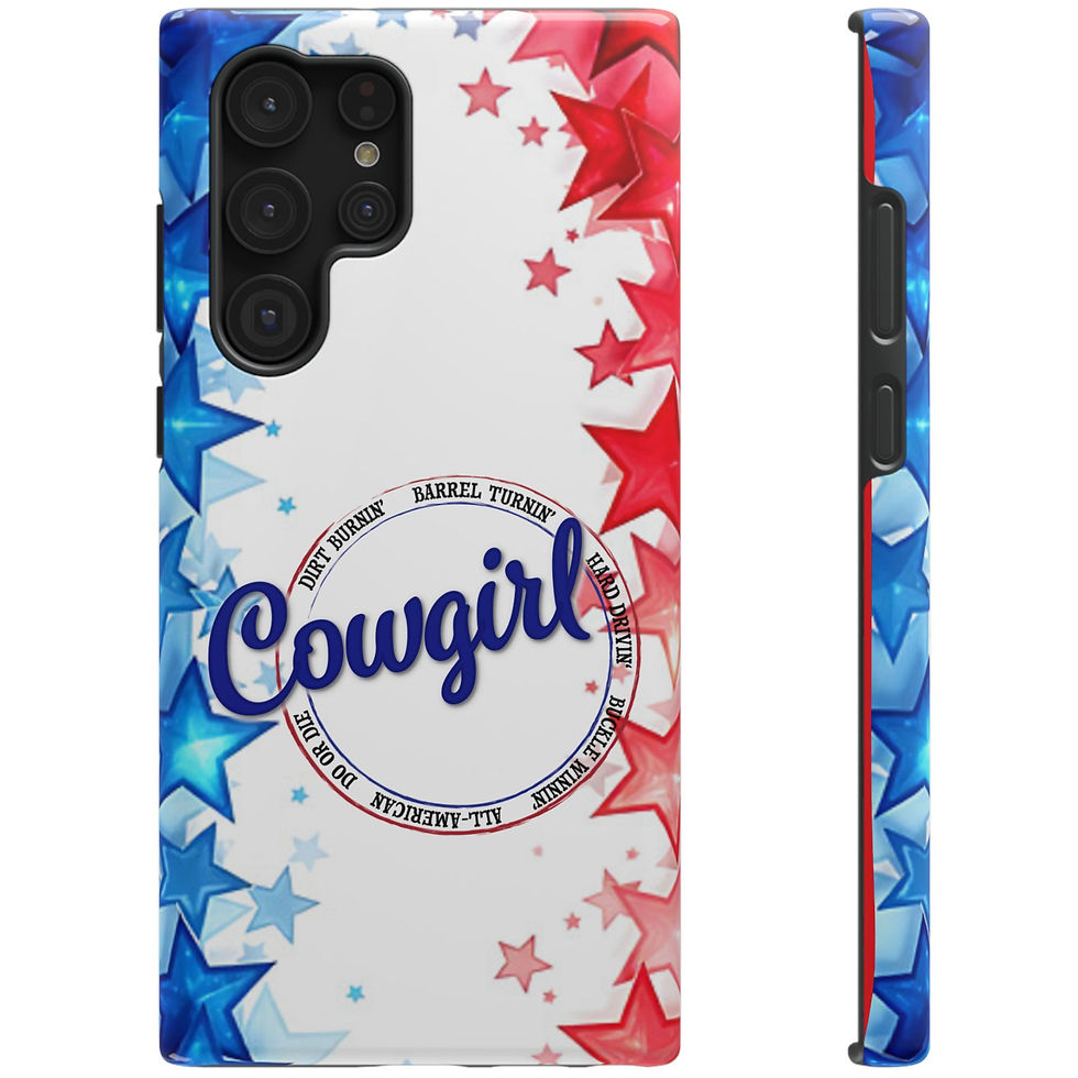 Thumbnail: Samsung Galaxy S22 Ultra. Impact-resistant iPhone & Galaxy phone cases feature our Patriotic barrel racer Cowgirl design.