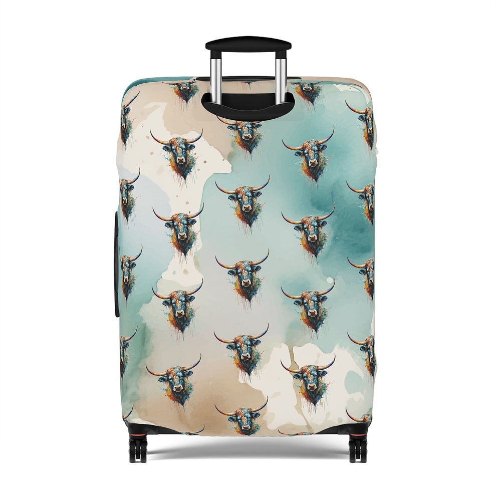 Thumbnail: Watercolor Steer Longhorn Stretch Luggage Cover - 3 Sizes - Turquoise & Tan