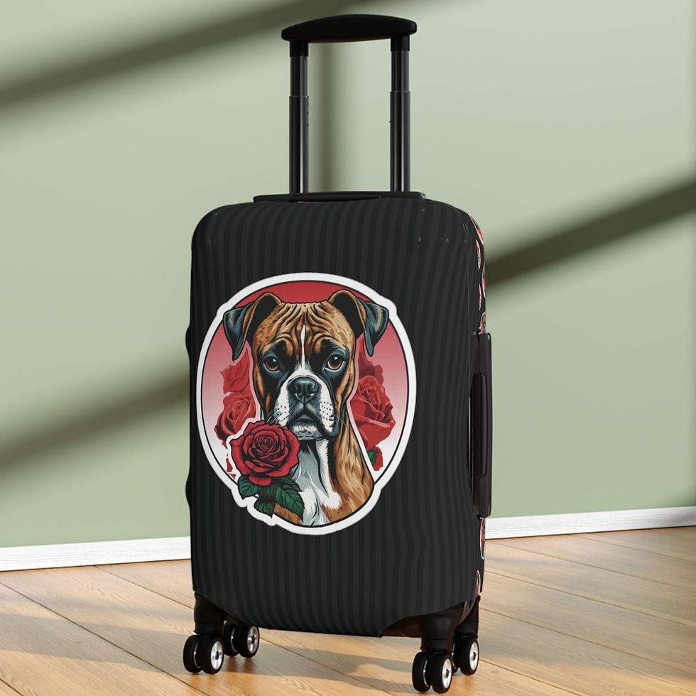 Thumbnail: Stretch Luggage Cover Boxer Dog with Roses on Black and Gray Pinstripe - 3 Sizes