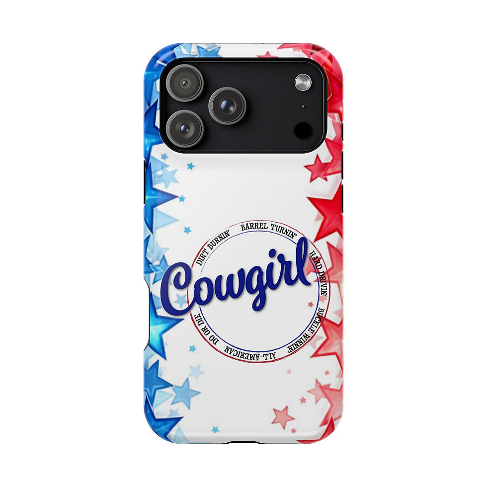 Thumbnail: iPhone 17 Pro Max. Impact-resistant iPhone & Galaxy phone cases feature our exclusive Patriotic barrel racer Cowgirl design,