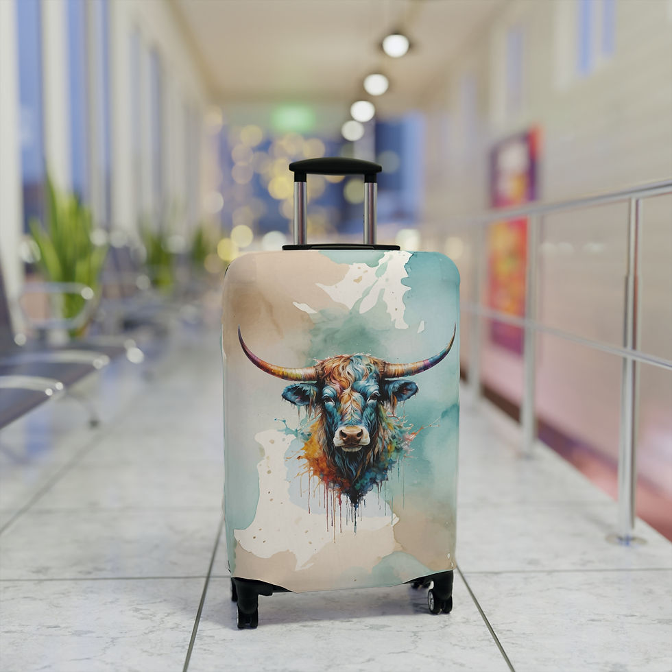 Thumbnail: Watercolor Steer Longhorn Stretch Luggage Cover - 3 Sizes - Turquoise & Tan