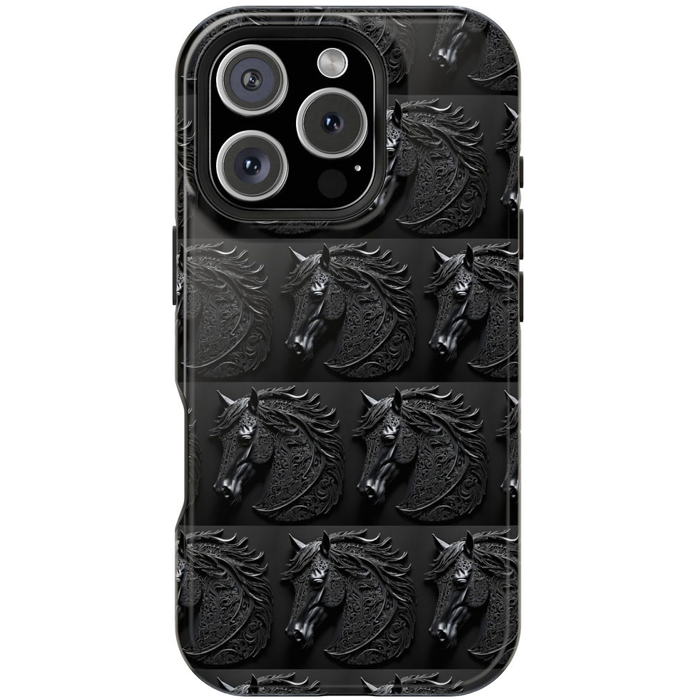 Thumbnail: iPhone 16 Pro & 16 Pro Max. Elegant and Ornate Carved Black Stone Horse Head Cell Case