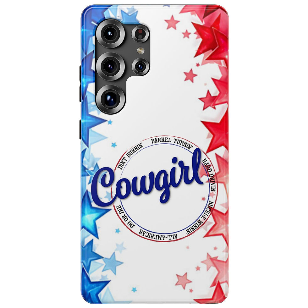 Thumbnail: Samsung Galaxy S25 Ultra. Impact-resistant iPhone & Galaxy phone cases feature our Patriotic barrel racer Cowgirl design.