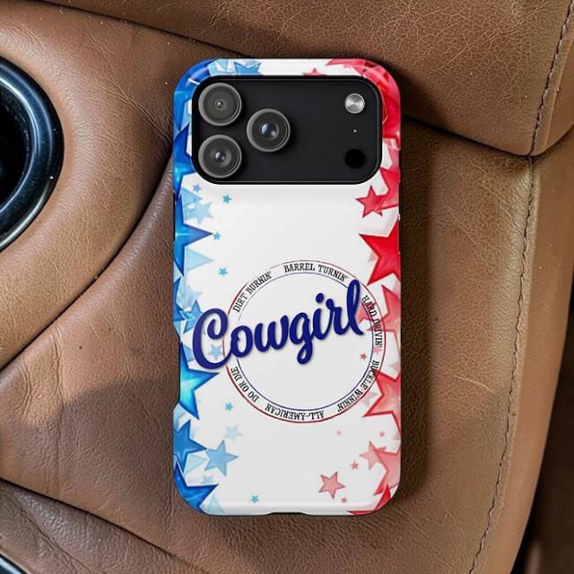 Impact-resistant iPhone & Galaxy phone cases feature our exclusive Patriotic barrel racer Cowgirl design,