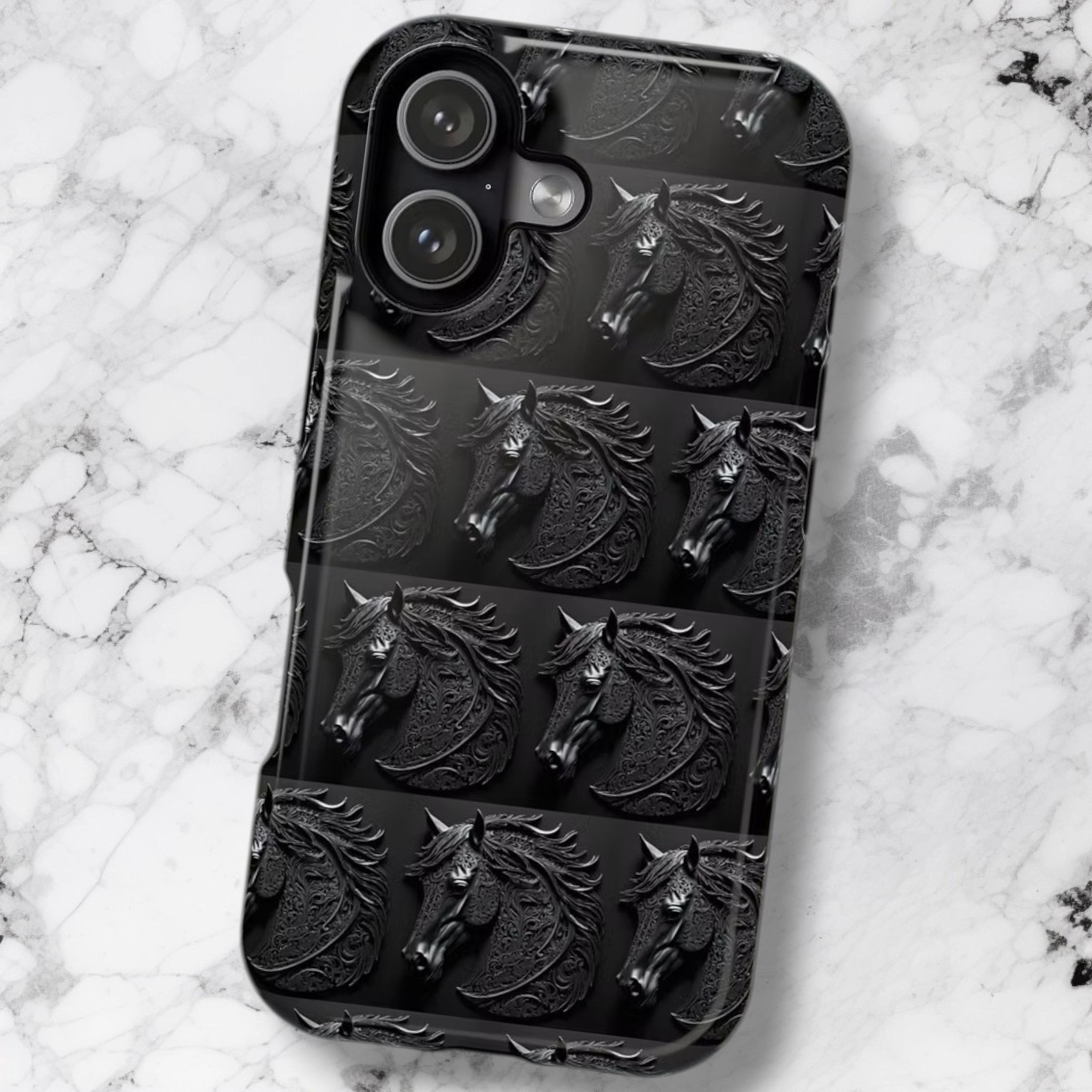 Elegant and Ornate Carved Black Stone Horse Head Cell Cases - iPhone / Galaxy
