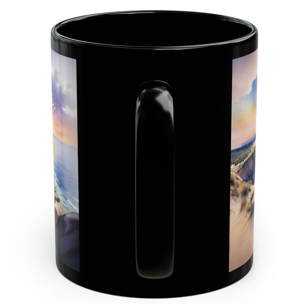 Thumbnail: Black ceramic 11oz coffee mug with watercolor style image of cowgirl watching an ocean sunset 