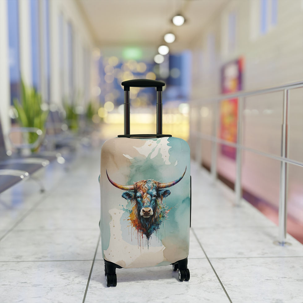 Thumbnail: Watercolor Steer Longhorn Stretch Luggage Cover - 3 Sizes - Turquoise & Tan