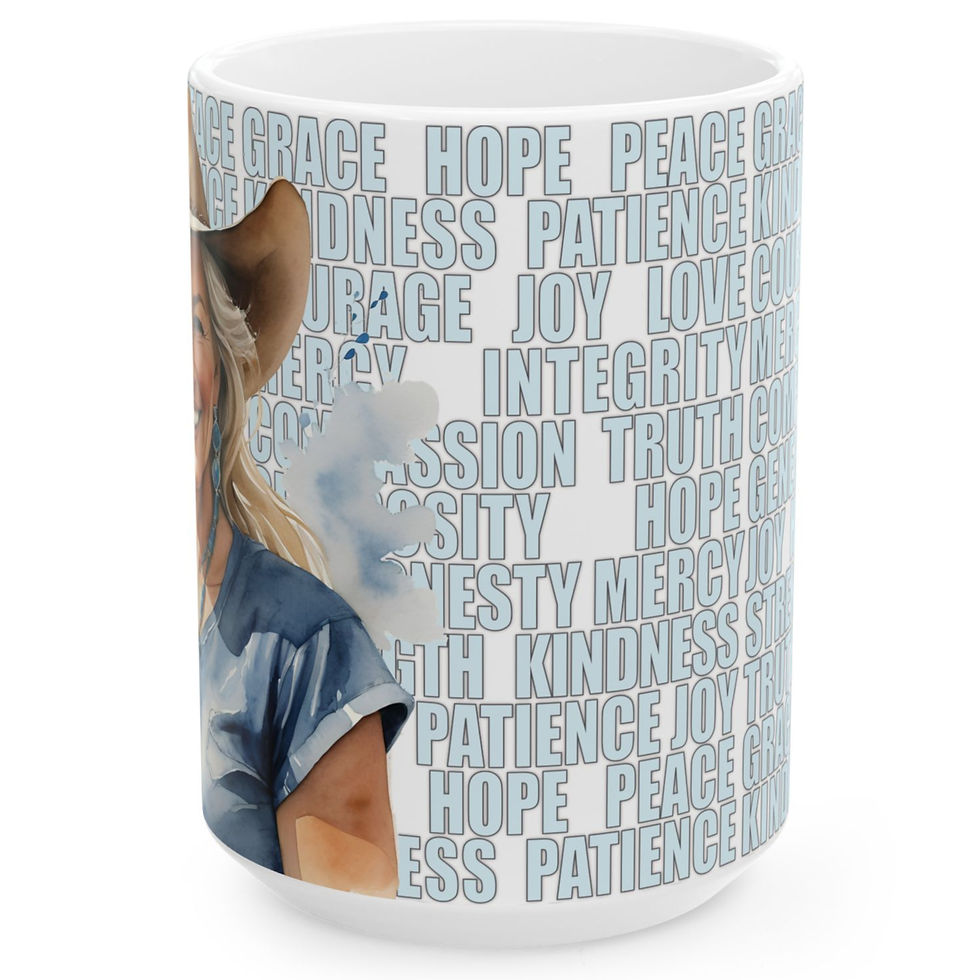 Thumbnail: Uplifted Smiling Mature Blond Christian Cowgirl White Ceramic Mug - 11oz or 15oz
