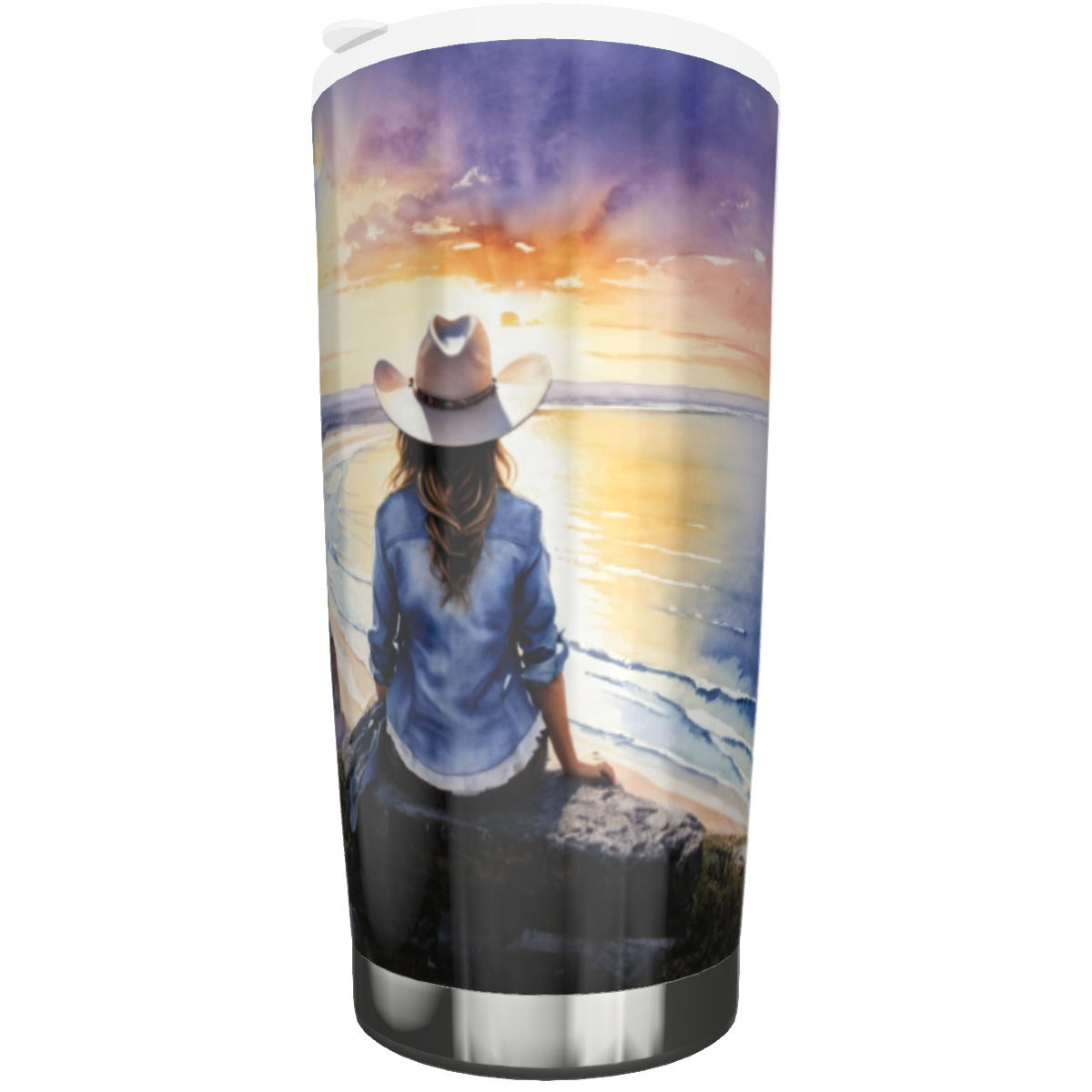 This handy stainless steel 20oz tumbler features full wrap-around art of a cowgirl enjoying a coastal sunset.