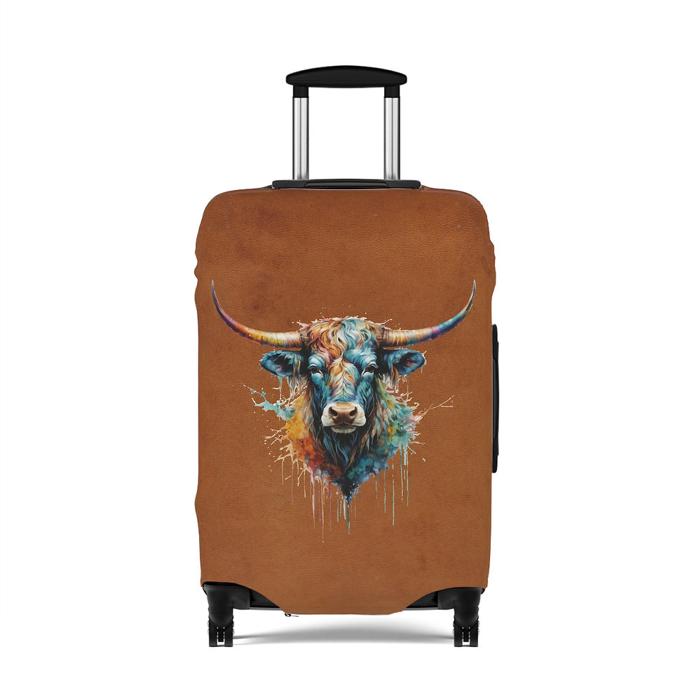 Thumbnail: Watercolor Longhorn Steer Stretch Luggage Cover - 3 Sizes - Cognac Brown