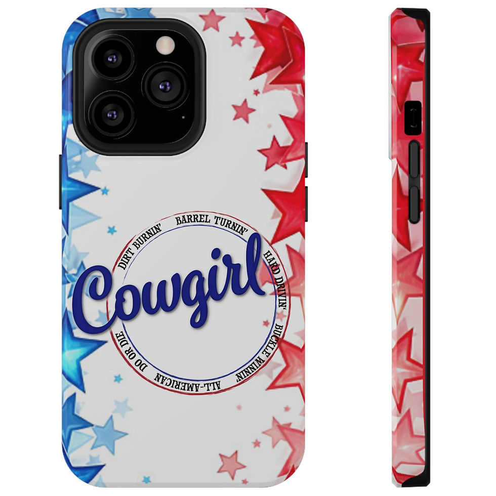 Thumbnail: iPhone 13 Pro. Impact-resistant iPhone & Galaxy phone cases feature our exclusive Patriotic barrel racer Cowgirl design.