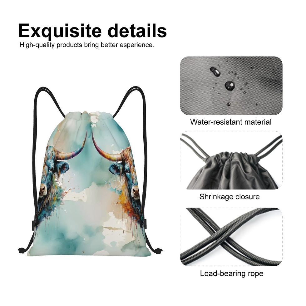 Thumbnail: Drawstring Festival Backpack Colorful Steer over Watercolor Background - 2 Sizes